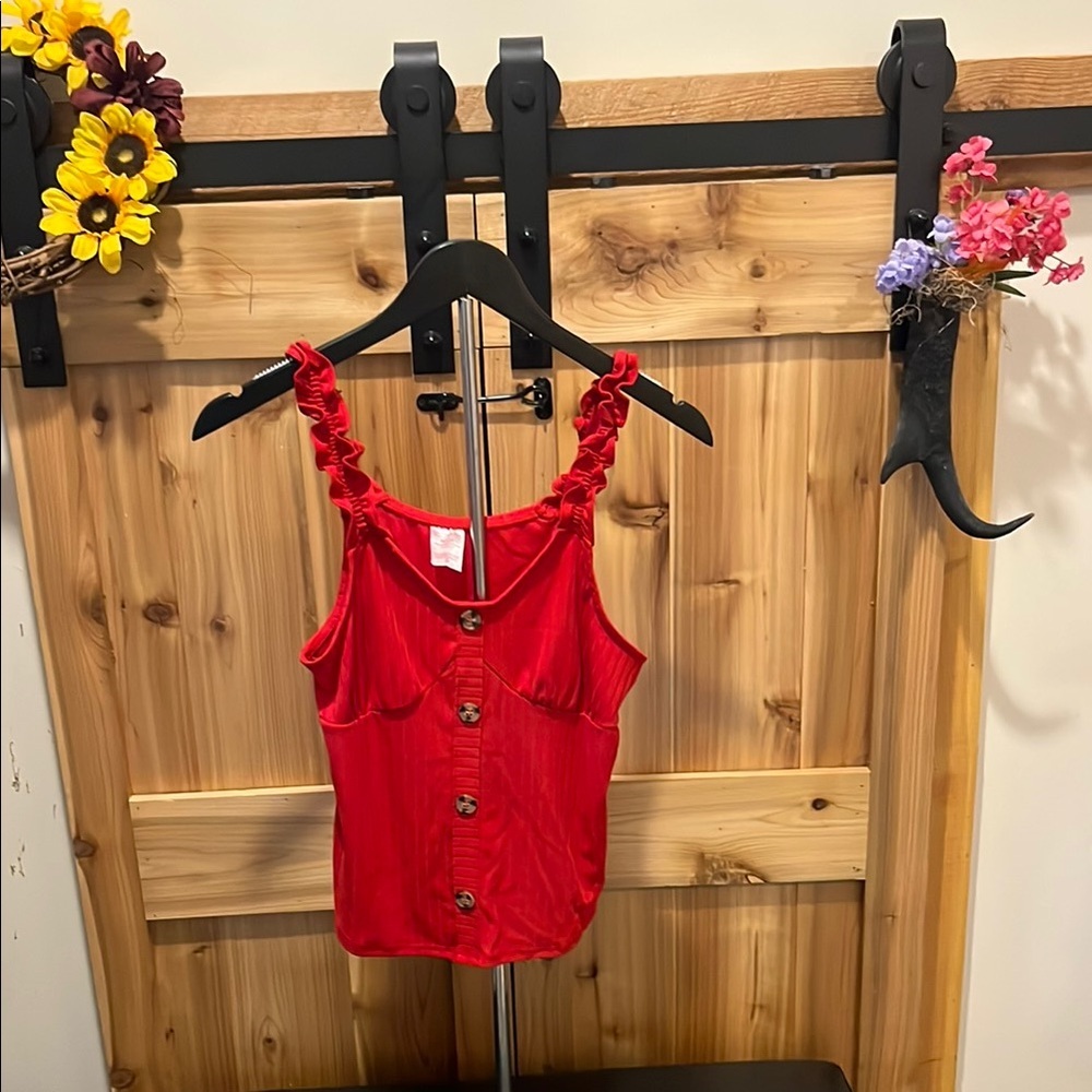 No Boundaries Red Ruffled Button Tank Top